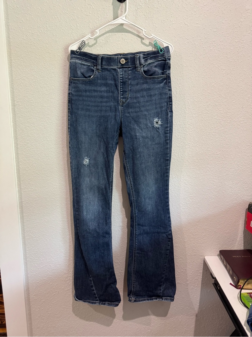 Maurices Medium Blue Flare Super high rise Jeans with Subtle Distressing